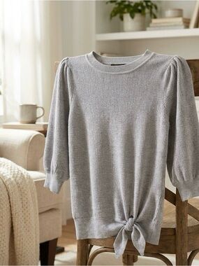 Simply Vera Vera Wang Light Gray Tie-Front Puff Sleeve Sweater